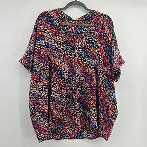 JODIFL Abstract Print Short Sleeve Flowy V Neck Blouse - L Multi Color